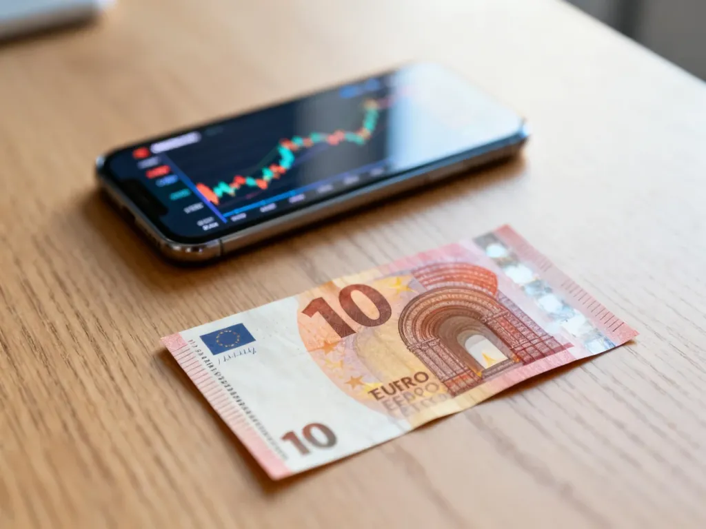 Banknot dziesięciu euro leżący na biurku obok smartfona z wykresem kursów walut.