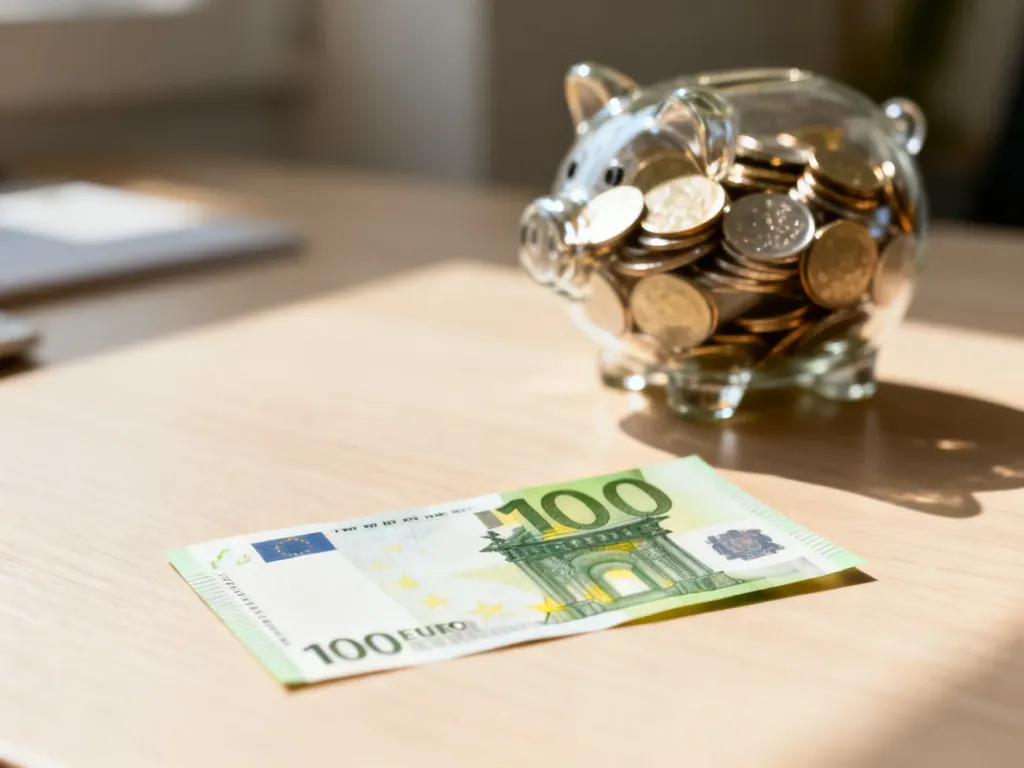 Banknot 100 euro leżący na drewnianym biurku obok szklanej skarbonki z monetami, symbolizujący oszczędności i wymianę walut.