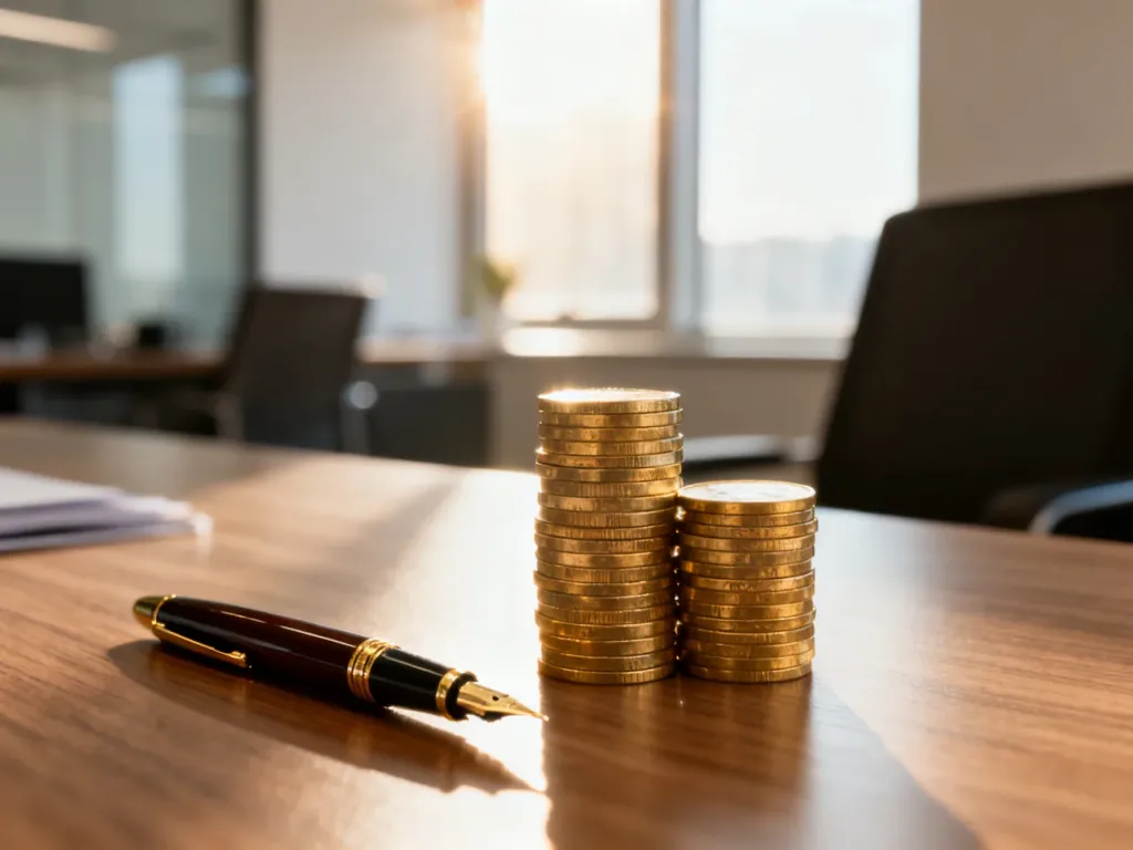 Stos monet i pióro wieczne na biurku, symbolizujące profesjonalne zarządzanie finansami i wynagrodzeniem.