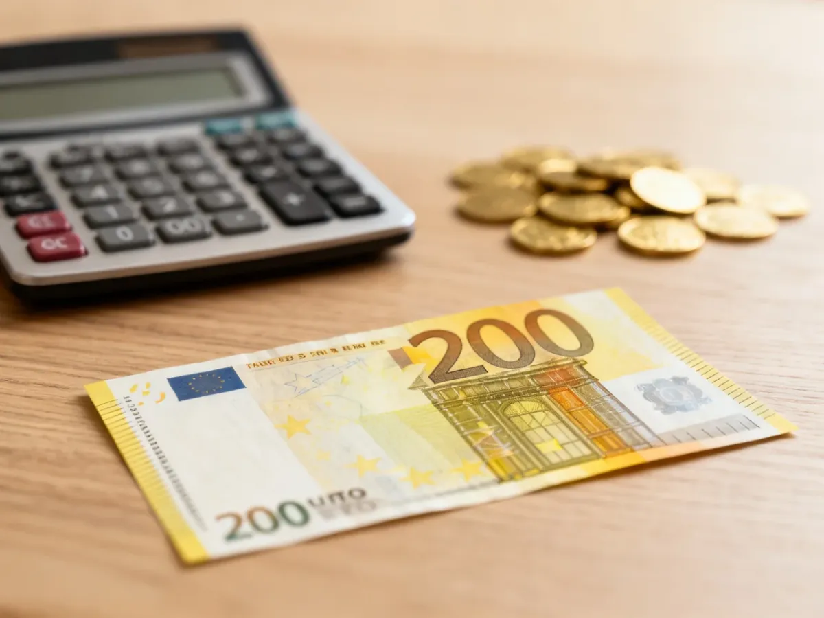 Banknot 200 euro leżący na drewnianym biurku obok kalkulatora i monet, symbolizujący przelicznik walut.