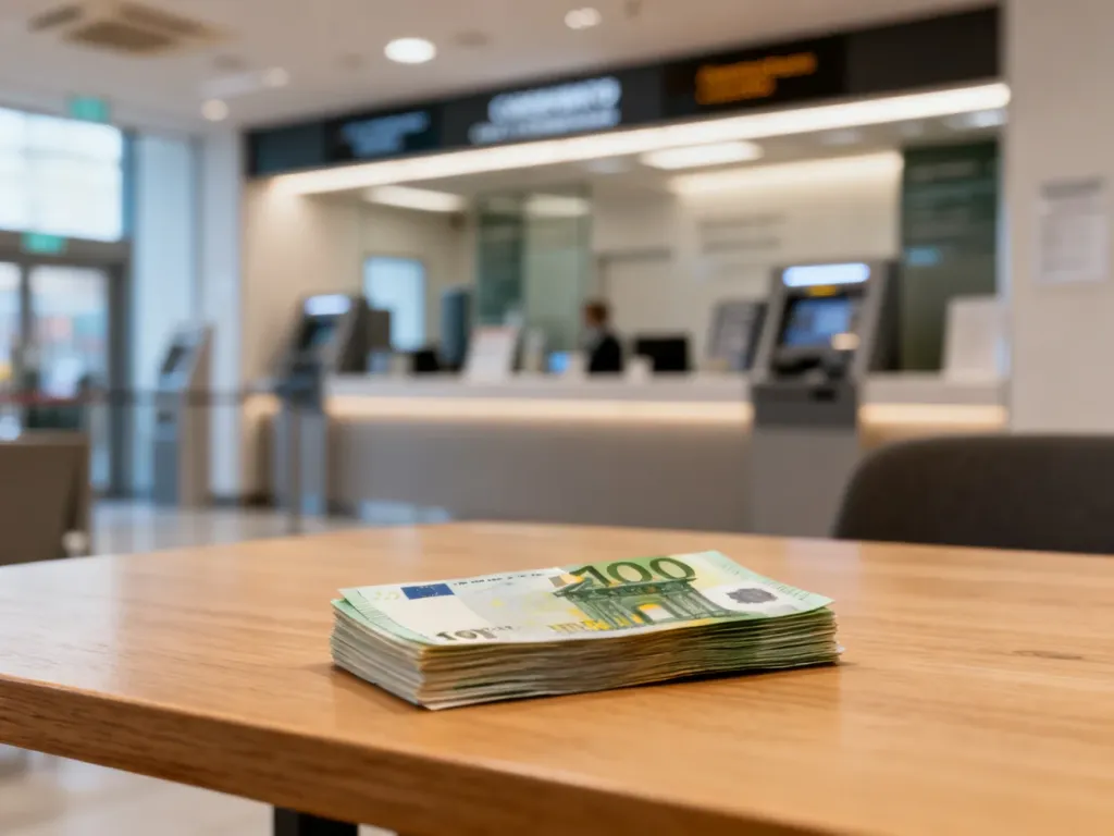 Stos banknotów euro na drewnianym stole w kantorze, ilustrujący przelicznik walut.
