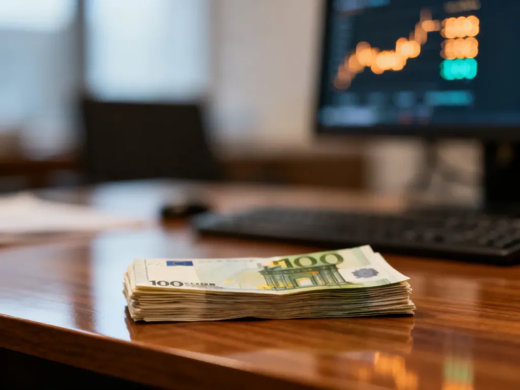 Stos banknotów euro na drewnianym biurku w profesjonalnym biurowym otoczeniu, symbolizujący wymianę walut.