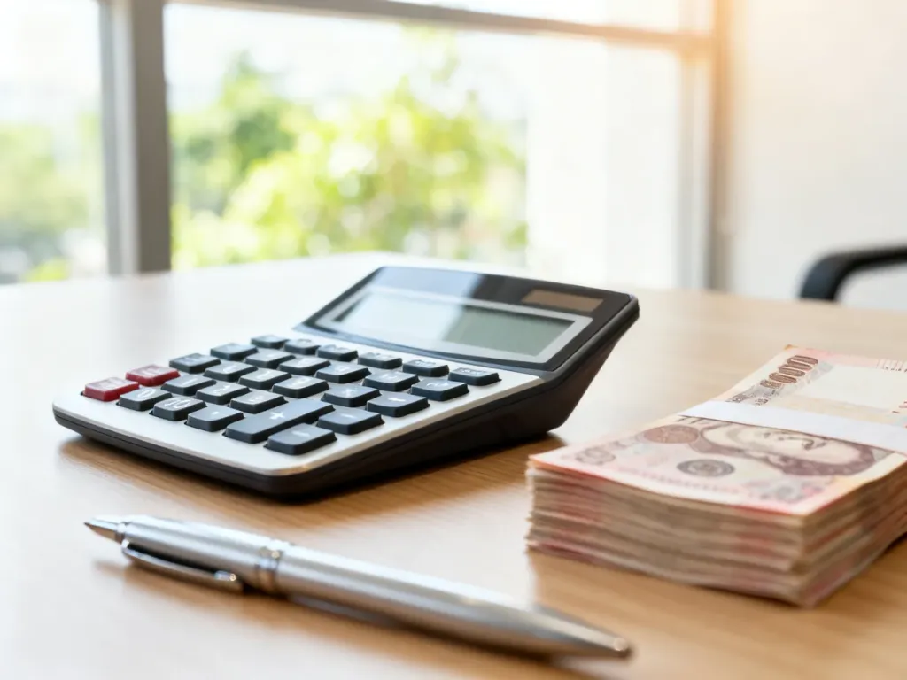 Kalkulator, banknoty i długopis na biurku, symbolizujące obliczenia finansowe i wyliczanie wynagrodzenia netto.