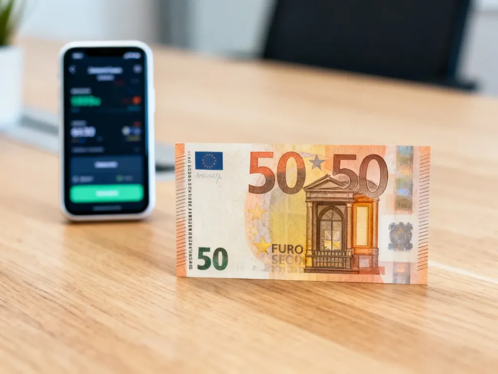 Banknot 50 euro leżący na drewnianym biurku obok smartfona z aplikacją do przeliczania walut.