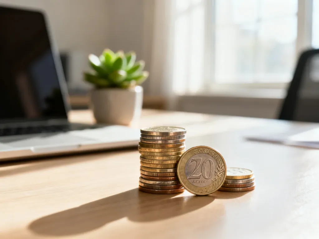 Stos monet złotówek i euro na biurku, symbolizujący finanse i obliczenia wynagrodzenia netto.