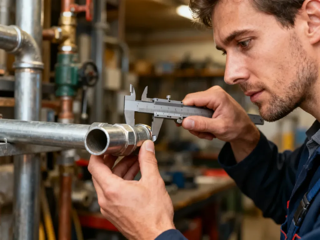 Hydraulik mierzy średnicę metalowej rury za pomocą suwmiarki w profesjonalnym warsztacie.