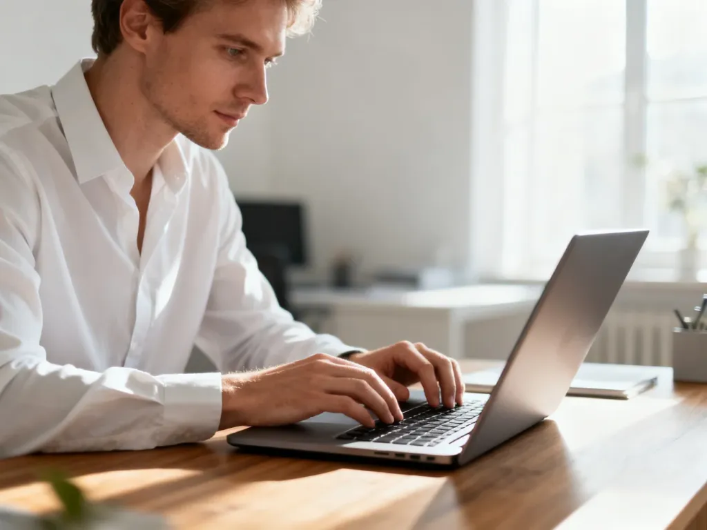 Osoba pracująca na nowoczesnym laptopie przy drewnianym biurku w jasnym, domowym biurze.