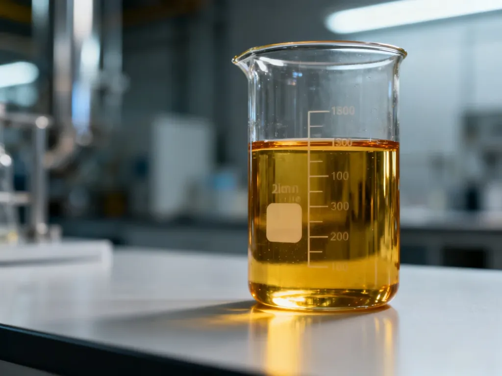 Szklany cylinder z olejem napędowym na laboratoryjnym stole, ilustrujący pomiar gęstości paliwa.