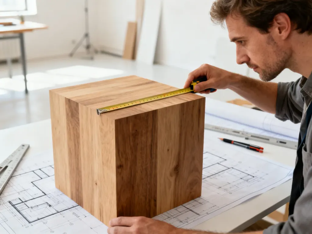 Profesjonalista mierzy drewniany sześcian o boku jednego metra w jasnym biurze architektonicznym.