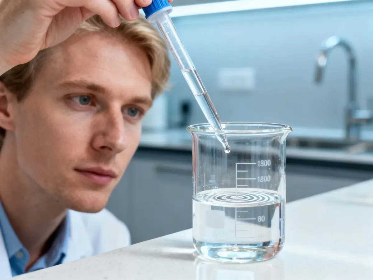Szklany cylinder pomiarowy z płynem i pipeta laboratoryjna, obrazujące precyzyjne odmierzanie objętości cieczy.