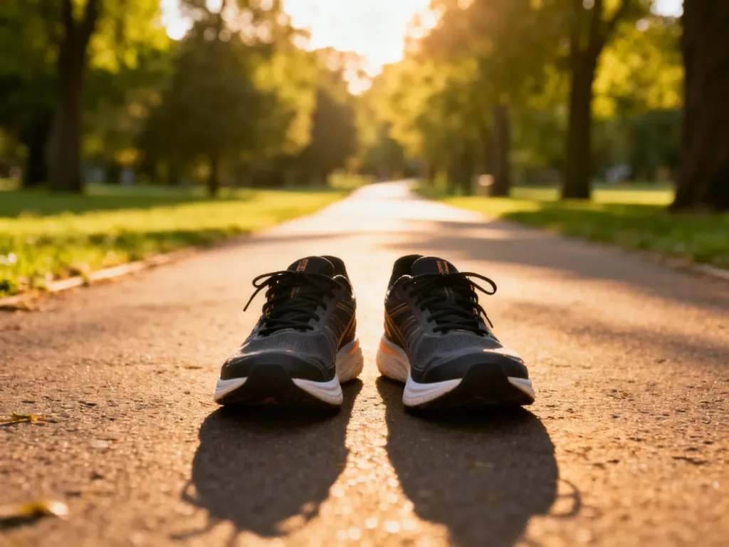 Buty do biegania na parkowej ścieżce w świetle zachodzącego słońca, symbolizujące aktywność fizyczną i pokonywanie dystansu.